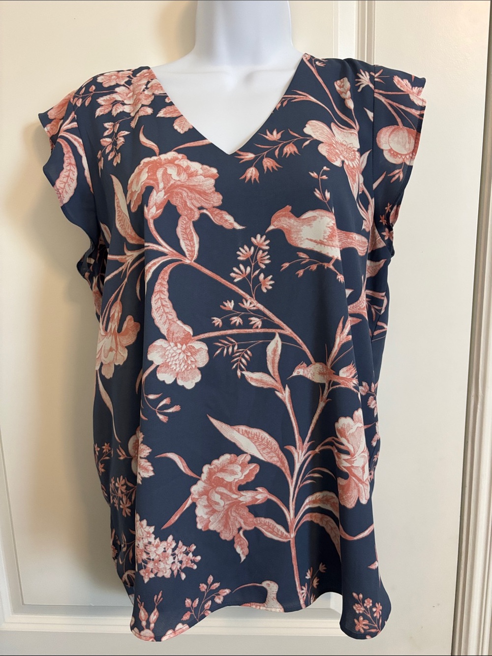 Loft Women's Slate Blue Floral V-Neck Blouse - Pink Floral Print M (#14T)